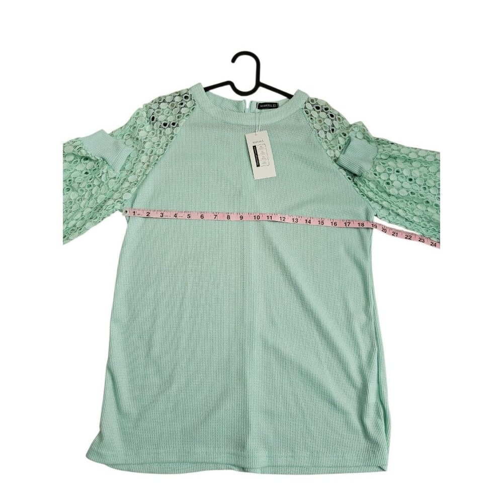 MIHOLL Womens Large Mint Green Waffle Knit Lace Sleeve Blouse Top Luxury Preppy - Picture 5 of 6